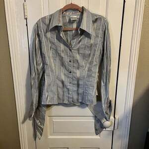Finley Ellis Blue Metallic Striped Tie-Front Button Down Shirt Large